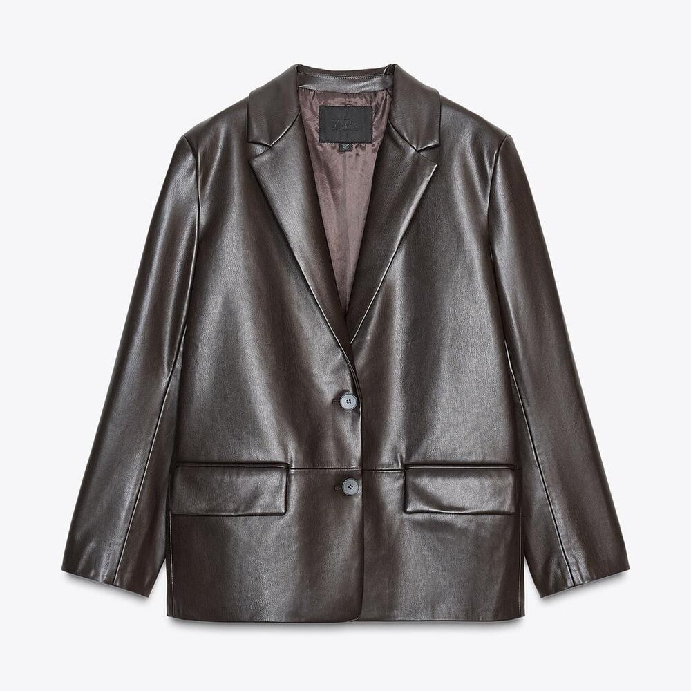 Zara Brown Faux Leather Blazer Jacket